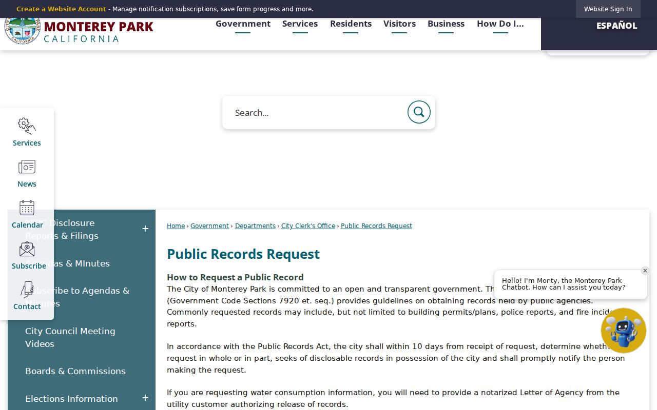 Monterey Park residents directory view of the city public records request portal