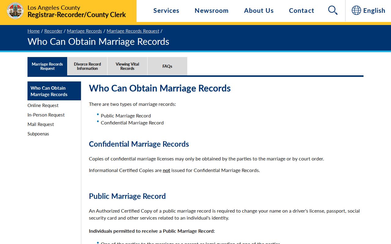Monterey Park resident lookup view of the Los Angeles County marriage records page