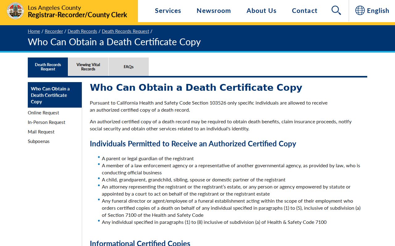 Monterey Park resident lookup view of the Los Angeles County death records page