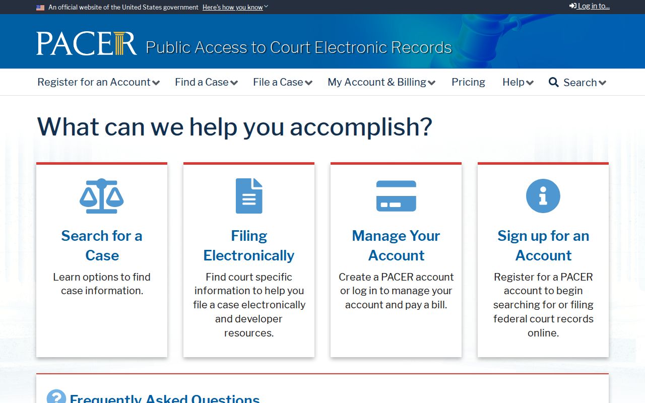 Monterey Park resident lookup view of the federal PACER court records portal