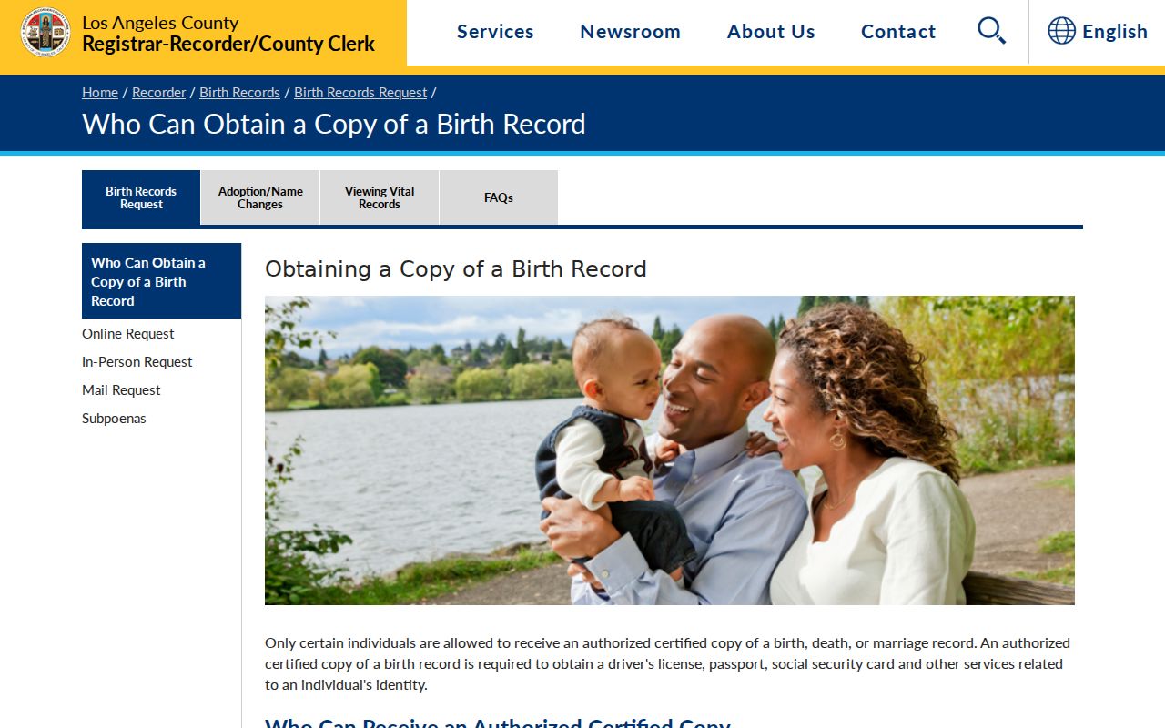 Monterey Park resident lookup view of the Los Angeles County birth records page