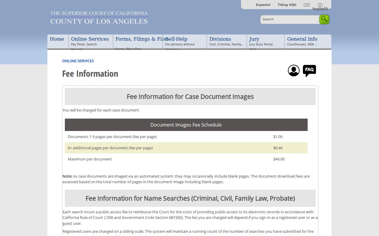 Monterey Park resident lookup view of Los Angeles Superior Court fee information